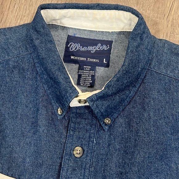 Men’s Large Wrangler Chambray Denim Western USA America Flag Vintage VTG Shirt - Picture 8 of 12